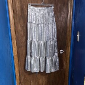 Macy's Metallic Silver Tiered Maxi Skirt